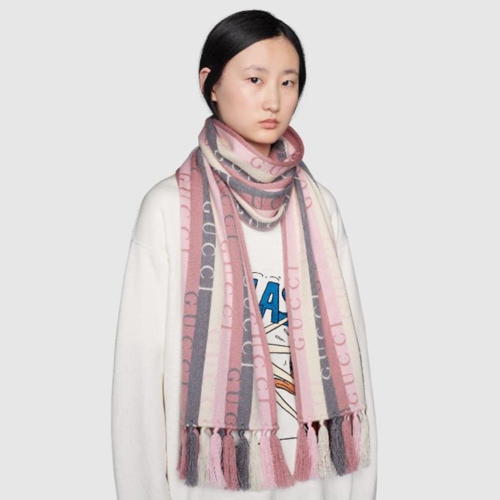 Gucci Scarf Wool Stripes Logo GG Barbie Pink - Picture 3 of 11